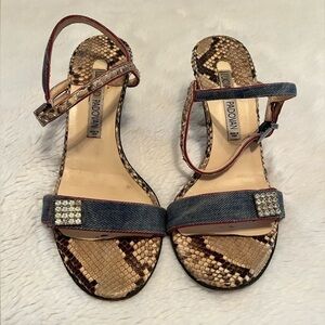 LUCIANO PADOVAN 36.5 5.5 6 Snake Print Leather Denim Italian 3.5” Heels Sandals